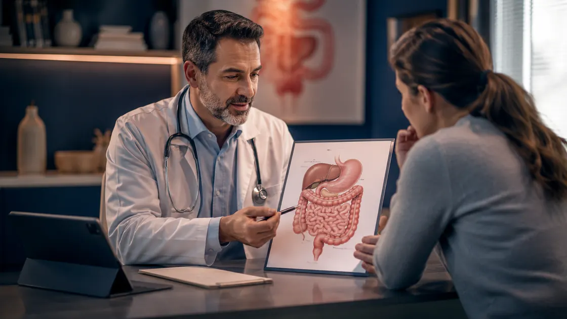 Consulta gastroenterológica con explicación médica al paciente
